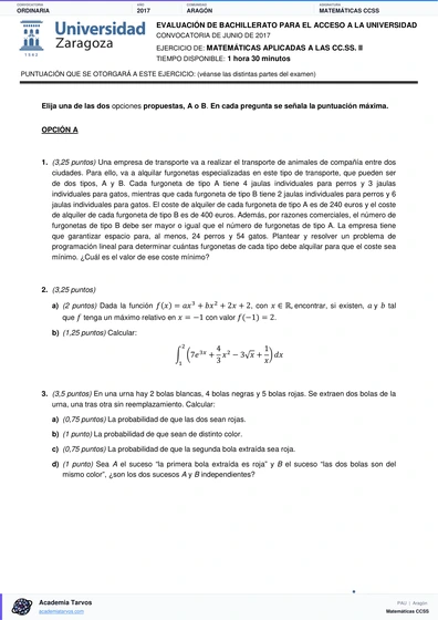 Vista previa de Examen PAU de Matemáticas CCSS de Aragón 2017 – Ordinaria