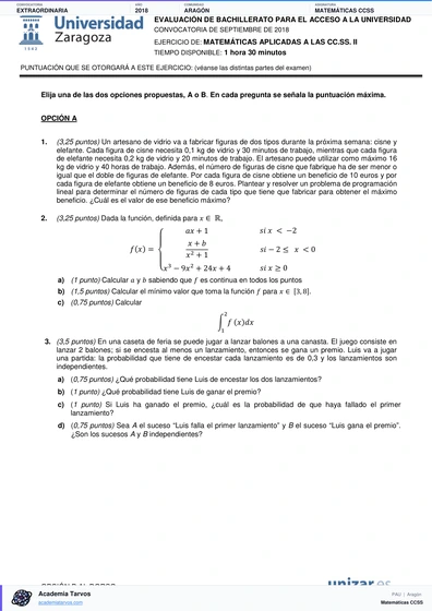 Vista previa de Examen PAU de Matemáticas CCSS de Aragón 2018 – Extraordinaria
