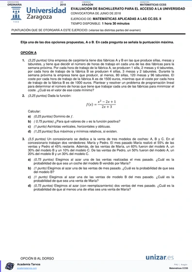 Vista previa de Examen PAU de Matemáticas CCSS de Aragón 2018 – Ordinaria