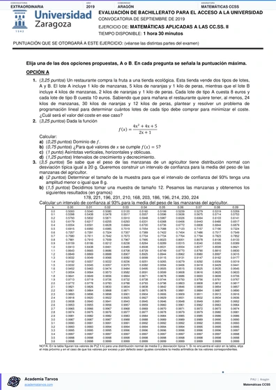 Vista previa de Examen PAU de Matemáticas CCSS de Aragón 2019 – Extraordinaria