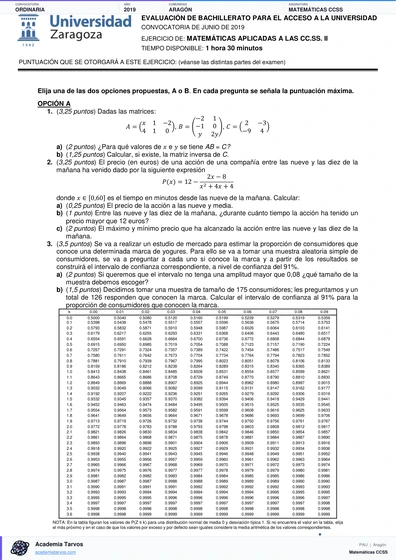 Vista previa de Examen PAU de Matemáticas CCSS de Aragón 2019 – Ordinaria