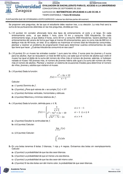 Vista previa de Examen PAU de Matemáticas CCSS de Aragón 2020 – Extraordinaria