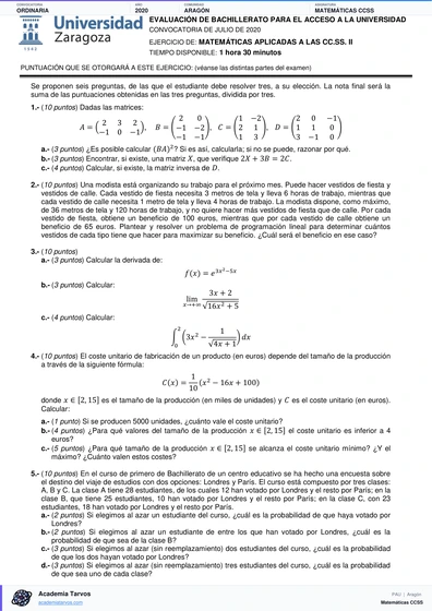 Vista previa de Examen PAU de Matemáticas CCSS de Aragón 2020 – Ordinaria