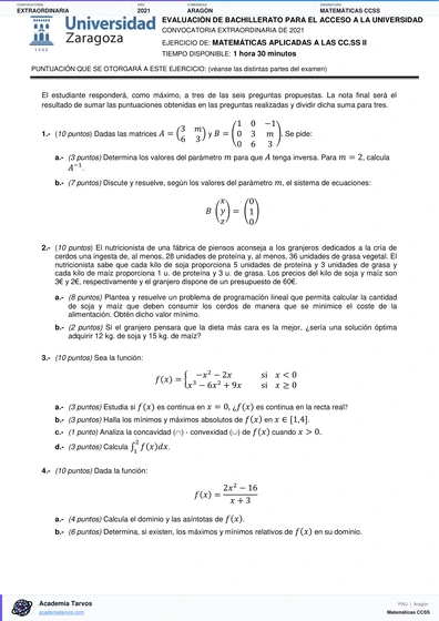 Vista previa de Examen PAU de Matemáticas CCSS de Aragón 2021 – Extraordinaria