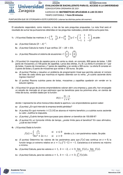 Vista previa de Examen PAU de Matemáticas CCSS de Aragón 2021 – Ordinaria