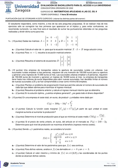 Vista previa de Examen PAU de Matemáticas CCSS de Aragón 2022 – Ordinaria