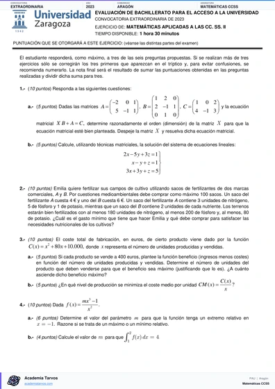 Vista previa de Examen PAU de Matemáticas CCSS de Aragón 2023 – Extraordinaria
