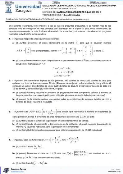 Vista previa de Examen PAU de Matemáticas CCSS de Aragón 2023 – Ordinaria