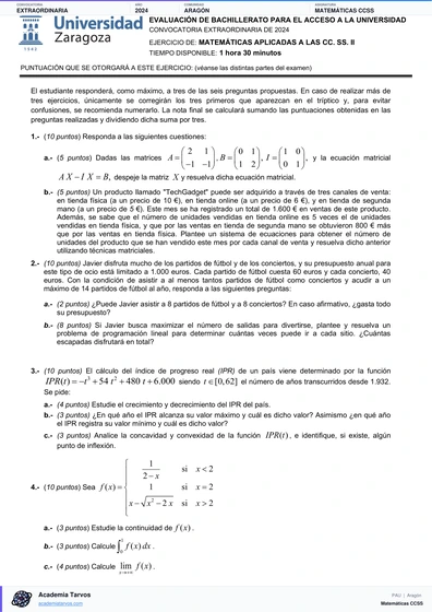 Vista previa de Examen PAU de Matemáticas CCSS de Aragón 2024 – Extraordinaria