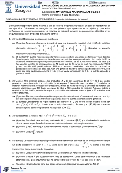 Vista previa de Examen PAU de Matemáticas CCSS de Aragón 2024 – Ordinaria