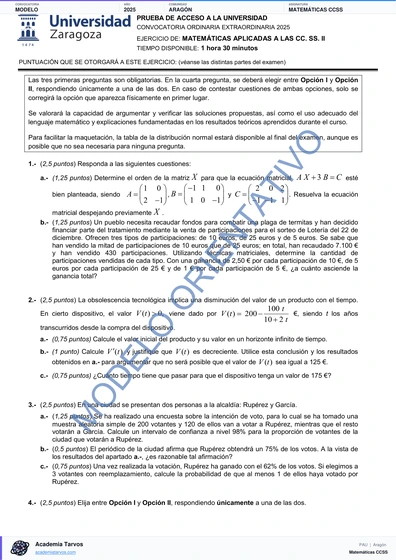 Vista previa de Modelo PAU de Matemáticas CCSS de Aragón 2025