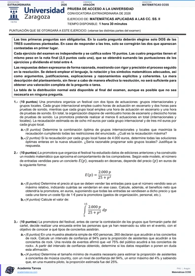 Vista previa de Examen PAU de Matemáticas CCSS de Aragón 2026 – Extraordinaria