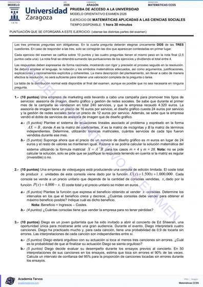 Vista previa de Modelo PAU de Matemáticas CCSS de Aragón 2026