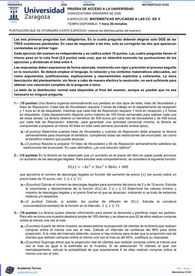 Vista previa de Examen PAU de Matemáticas CCSS de Aragón 2026 – Ordinaria