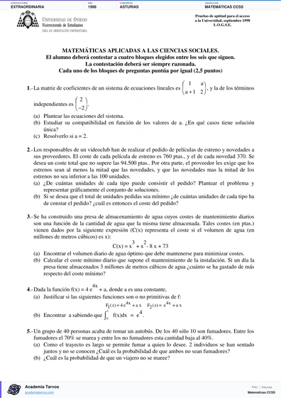 Vista previa de Examen PAU de Matemáticas CCSS de Asturias 1998 – Extraordinaria