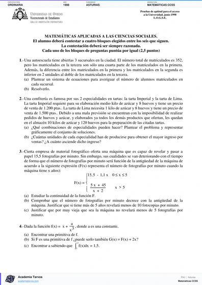 Vista previa de Examen PAU de Matemáticas CCSS de Asturias 1998 – Ordinaria