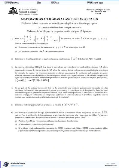 Vista previa de Examen PAU de Matemáticas CCSS de Asturias 2000 – Extraordinaria