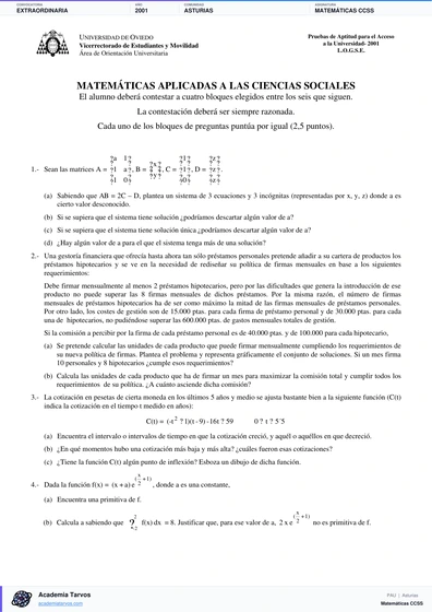 Vista previa de Examen PAU de Matemáticas CCSS de Asturias 2001 – Extraordinaria