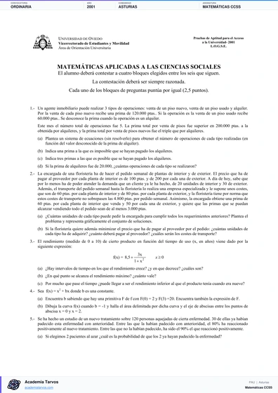 Vista previa de Examen PAU de Matemáticas CCSS de Asturias 2001 – Ordinaria