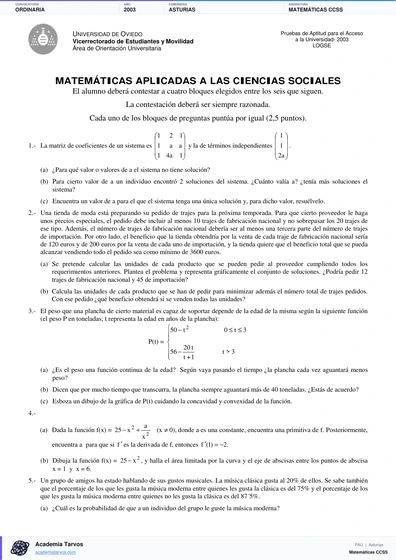 Vista previa de Examen PAU de Matemáticas CCSS de Asturias 2003 – Ordinaria