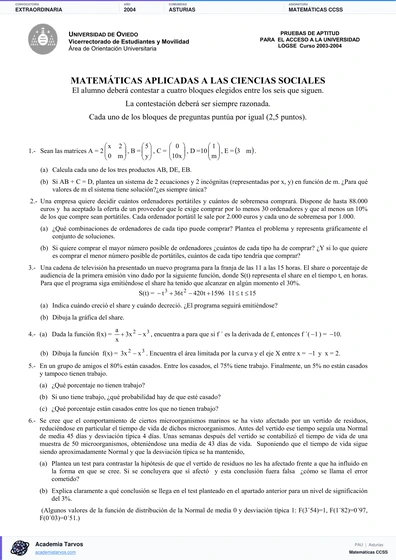 Vista previa de Examen PAU de Matemáticas CCSS de Asturias 2004 – Extraordinaria
