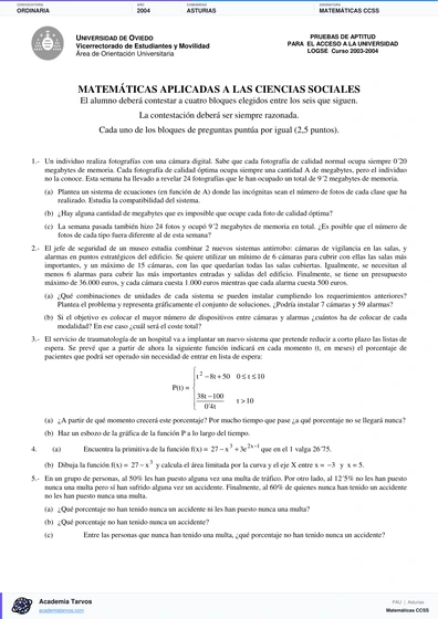 Vista previa de Examen PAU de Matemáticas CCSS de Asturias 2004 – Ordinaria
