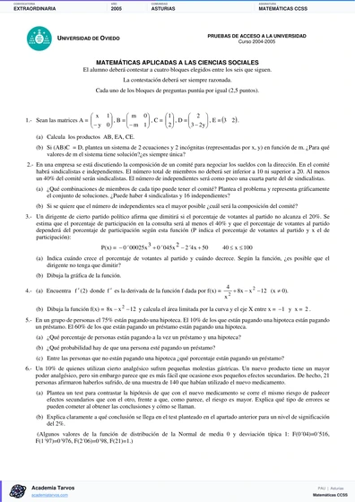 Vista previa de Examen PAU de Matemáticas CCSS de Asturias 2005 – Extraordinaria
