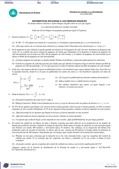 Vista previa de Examen PAU de Matemáticas CCSS de Asturias 2005 – Ordinaria