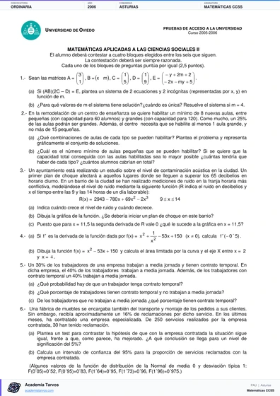 Vista previa de Examen PAU de Matemáticas CCSS de Asturias 2006 – Ordinaria