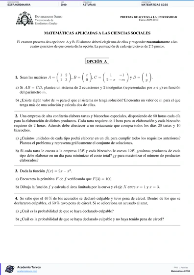 Vista previa de Examen PAU de Matemáticas CCSS de Asturias 2010 – Extraordinaria