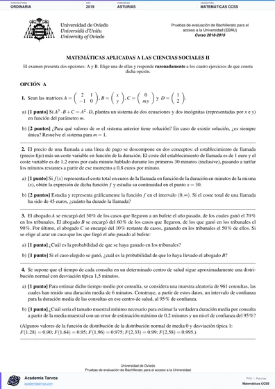 Vista previa de Examen PAU de Matemáticas CCSS de Asturias 2019 – Ordinaria
