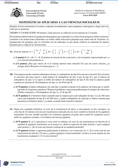Vista previa de Examen PAU de Matemáticas CCSS de Asturias 2020 – Extraordinaria