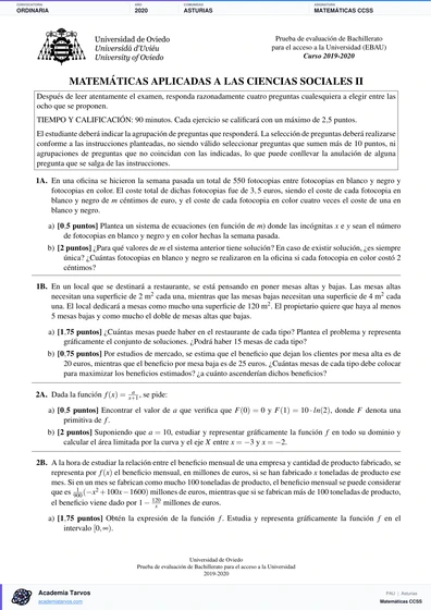 Vista previa de Examen PAU de Matemáticas CCSS de Asturias 2020 – Ordinaria