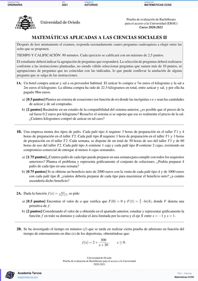 Vista previa de Examen PAU de Matemáticas CCSS de Asturias 2021 – Ordinaria
