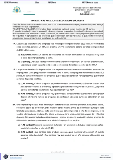 Vista previa de Examen PAU de Matemáticas CCSS de Asturias 2022 – Extraordinaria