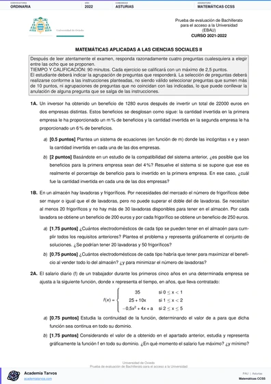 Vista previa de Examen PAU de Matemáticas CCSS de Asturias 2022 – Ordinaria