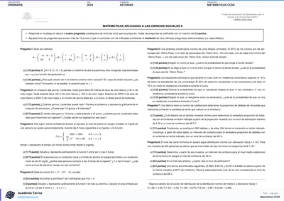 Vista previa de Examen PAU de Matemáticas CCSS de Asturias 2024 – Ordinaria