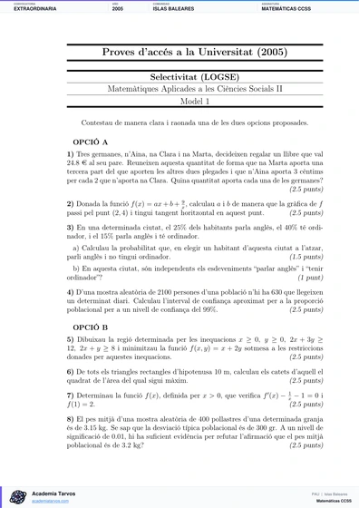 Vista previa de Examen PAU de Matemáticas CCSS de Illes Balears 2005 – Extraordinaria