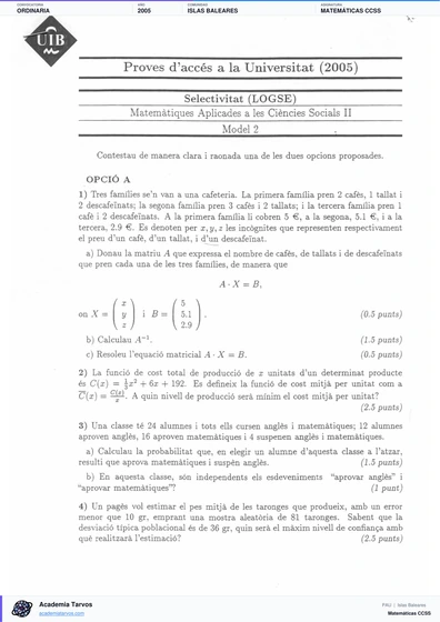Vista previa de Examen PAU de Matemáticas CCSS de Illes Balears 2005 – Ordinaria
