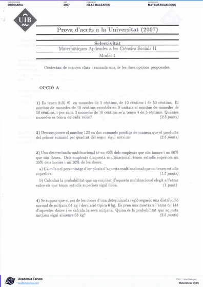 Vista previa de Examen PAU de Matemáticas CCSS de Illes Balears 2007 – Ordinaria