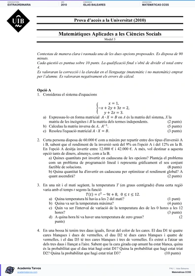 Vista previa de Examen PAU de Matemáticas CCSS de Illes Balears 2010 – Extraordinaria