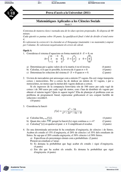 Vista previa de Examen PAU de Matemáticas CCSS de Illes Balears 2011 – Ordinaria
