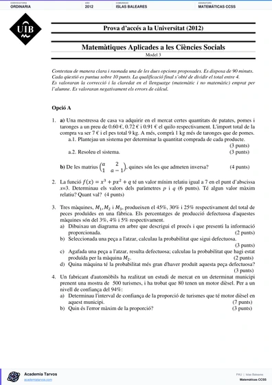 Vista previa de Examen PAU de Matemáticas CCSS de Illes Balears 2012 – Ordinaria