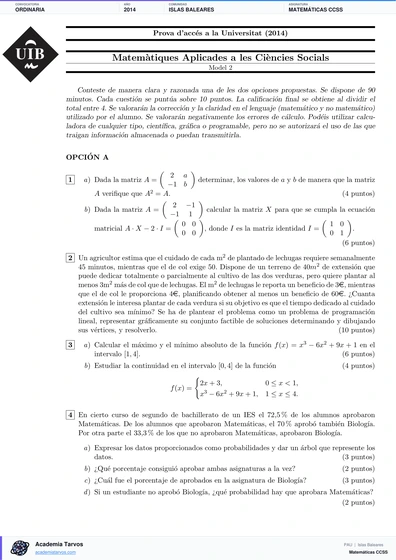 Vista previa de Examen PAU de Matemáticas CCSS de Illes Balears 2014 – Ordinaria