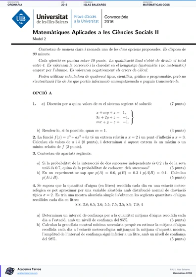 Vista previa de Examen PAU de Matemáticas CCSS de Illes Balears 2016 – Ordinaria
