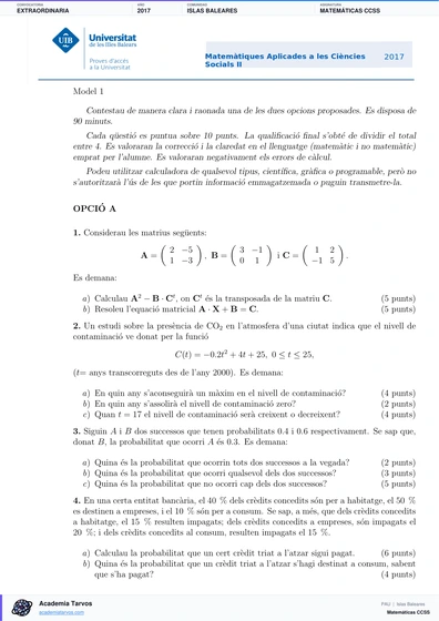 Vista previa de Examen PAU de Matemáticas CCSS de Illes Balears 2017 – Extraordinaria