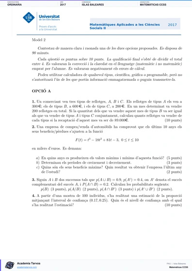 Vista previa de Examen PAU de Matemáticas CCSS de Illes Balears 2017 – Ordinaria