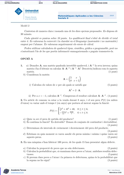 Vista previa de Examen PAU de Matemáticas CCSS de Illes Balears 2019 – Extraordinaria