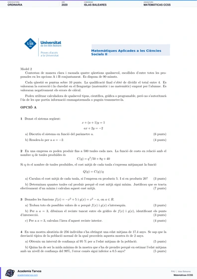 Vista previa de Examen PAU de Matemáticas CCSS de Illes Balears 2020 – Ordinaria