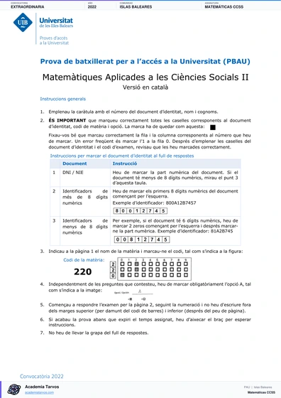 Vista previa de Examen PAU de Matemáticas CCSS de Illes Balears 2022 – Extraordinaria